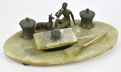 Lot 70 - An Art Deco bronze and onyx three piece desk...