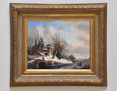 Lot 2650 - C VAN ESSEN; oil on board, Dutch winter scene,...