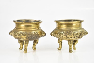 Lot 1578 - A pair of Chinese bronze censers, with moulded...