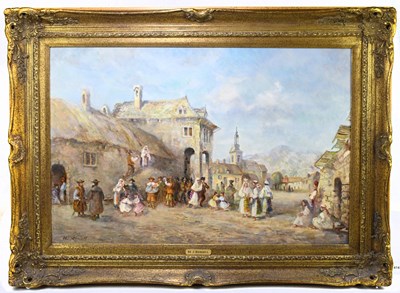 Lot 1414 - M.J RENDELL (1896-1980); oil on canvas, figures beside thatched building