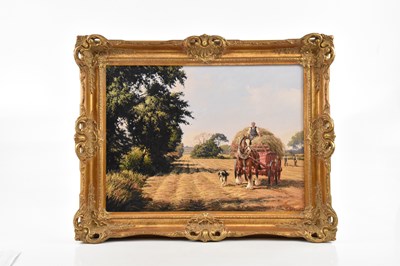 Lot 2654 - R MOSELEY; oil on canvas, haymaking, signed,...