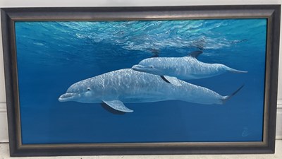 Lot 592 - PATRICK CHEVAILLER; oil on canvas, dolphins,...