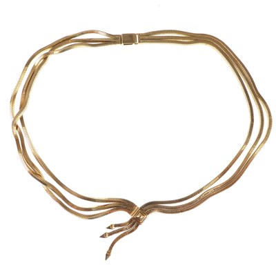 Lot 1155 - A fancy 9ct gold three-strand necklace of...