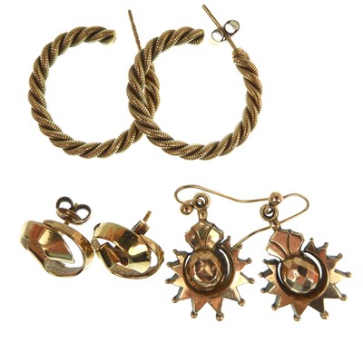 Lot 1194 - Three pairs of gold earrings to include a pair...