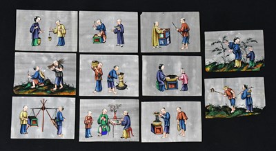 Lot 1559 - Eleven Chinese pith paintings, various scenes...