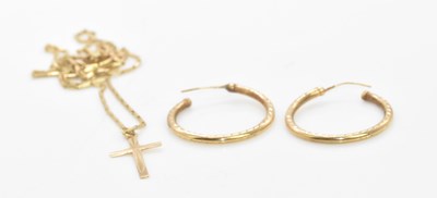 Lot 1016 - Two gold chains, a cross pendant and a pair of...