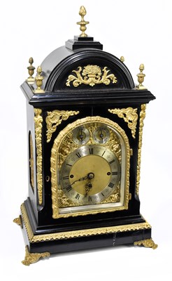 Lot 1466 - B.J. MORSE, WATFORD; a 19th century ormolu mounted ebonised triple fusee chiming bracket clock