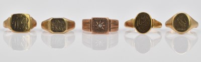 Lot 1054 - Five 9ct gold signet rings, combined approx 15....