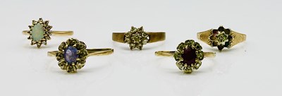 Lot 1060 - Five 9ct gold dress rings, combined approx 9.2g.