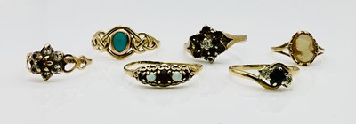 Lot 1061 - Six 9ct gold dress rings, combined approx 10.2g.
