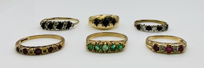 Lot 1063 - Six 9ct gold dress rings, combined approx 11.5g.