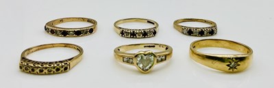 Lot 1064 - Six 9ct gold dress rings, combined approx 11.9g.