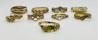 Lot 1066 - Nine 9ct gold rings, combined approx 22.5g.