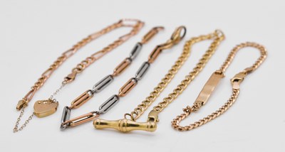 Lot 1083 - Three 9ct gold bracelets and an unmarked two...