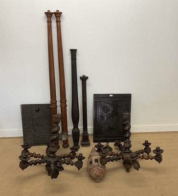 Lot 2735 - A pair of stained oak chandeliers, together...