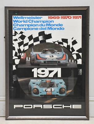 Lot 1479 - PORSCHE; a large framed poster commemorating...
