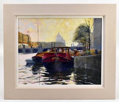Lot 1356 - DEREK BRADBURY (1931-2012); oil on canvas board, Spring Afternoon, Amsterdam