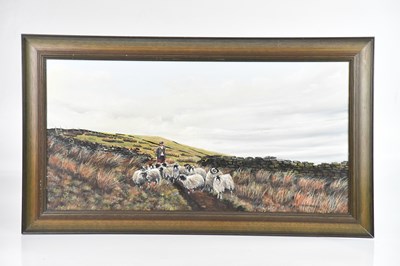 Lot 1186 - P HAYWOOD; oil on canvas, shepherd herding...