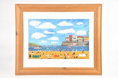 Lot 1174 - JIM TRUEMAN; oil on canvas, beach scene,...