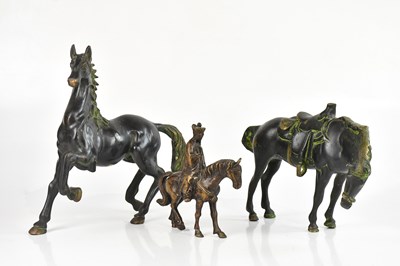 Lot 1718 - Three reproduction bronze horses, height of...