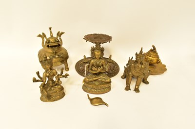 Lot 893 - Five brass Middle Eastern temple statues of...