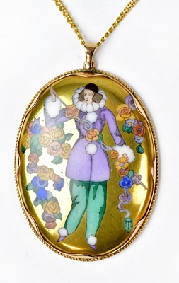 Lot 1096 - A yellow metal oval pendant with enamelled...