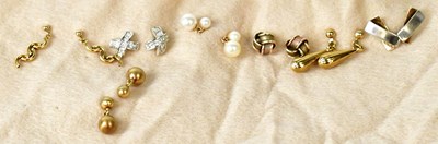 Lot 1110 - Seven pairs of earrings including pearl...
