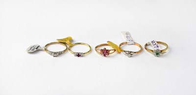 Lot 1102 - Five 9ct gold rings, variously set with...