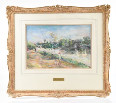 Lot 1075 - MICHAEL D'AGUILAR; pastel, figures beside...
