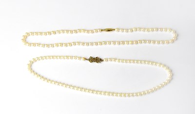 Lot 1188 - Two pearl necklaces with 9ct gold clasp,...