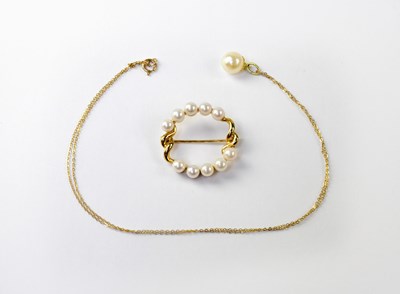 Lot 1140 - A 9ct pearl set openwork brooch, together with...
