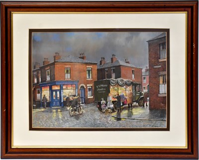 Lot 848 - TOM BROWN (20th century); oil pastel, street...