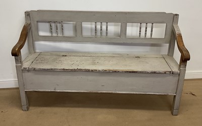 Lot 2778 - A circa 1900 rustic painted box seat settle,...