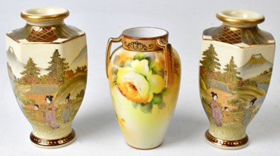 Lot 179 - A pair of Japanese Satsuma vases of hexagonal...