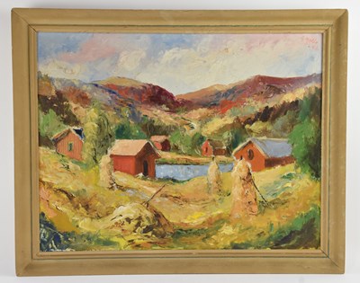 Lot 177 - R MOLIN; oil on board, abstract rural scene,...