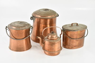 Lot 1188 - Three copper lidded churns, height of tallest...