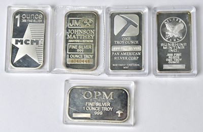 Lot 783 - Five one ounce (1oz) .999 fine silver ingots,...