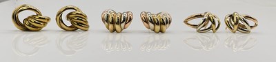 Lot 707 - Three pairs of 9ct gold earrings, combined...