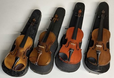 Lot 2333 - Four cased violins, three unnamed, one with...