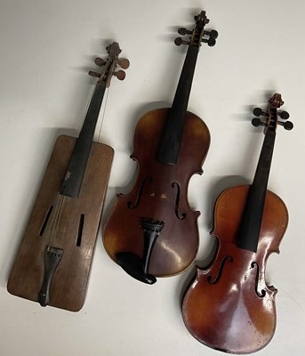 Lot 2382 - Three unnamed violins for restoration, lengths...