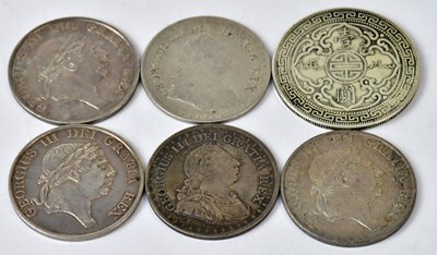 Lot 841 - Five George III three shilling bank tokens,...