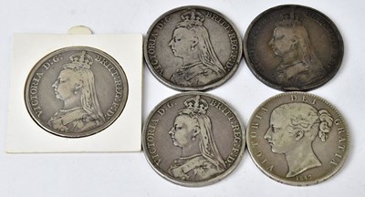 Lot 820 - Five Victorian silver crowns, 1847, 1887-1890...