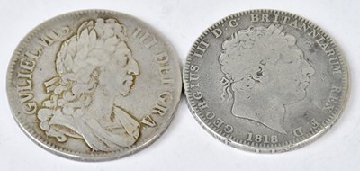 Lot 822 - Two silver crowns, comprising William III,...