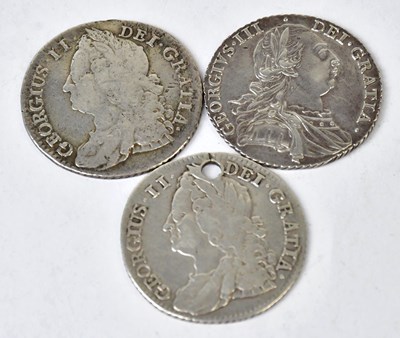 Lot 832 - Three silver shillings, comprising two George...