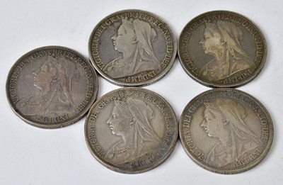 Lot 813 - Five Victorian silver crowns, 1894, 1895, two...
