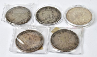 Lot 825 - Five Victorian silver crowns, 1891, 1892, two...