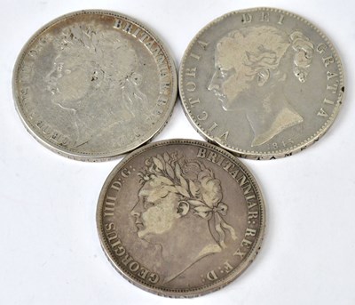 Lot 837 - Three silver crowns, comprising two George II,...
