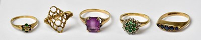 Lot 1032 - Five 9ct yellow gold rings, comprising an...