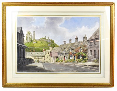 Lot 1369 - REGINALD (REG) JOHNSON (1909-1993); watercolour, Corfe Castle