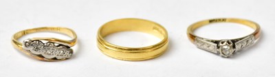 Lot 1015 - Three 18ct yellow gold rings, comprising a...